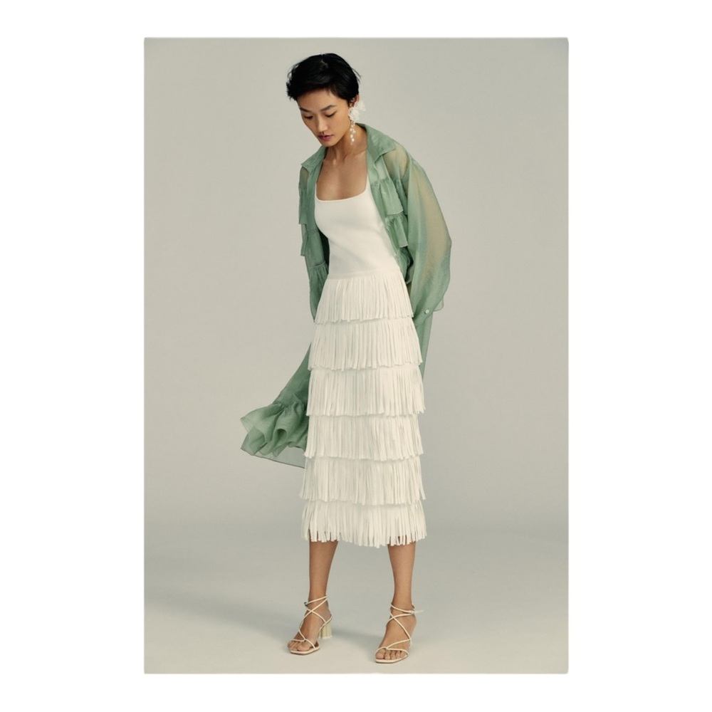 Endless Rose White Tiered Fringe Midi Dress with Mint Sheer Duster